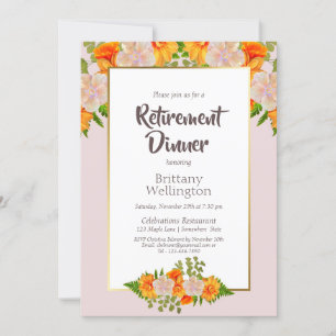 Invitación Cena de retiro floral de Naranja rosado con borde