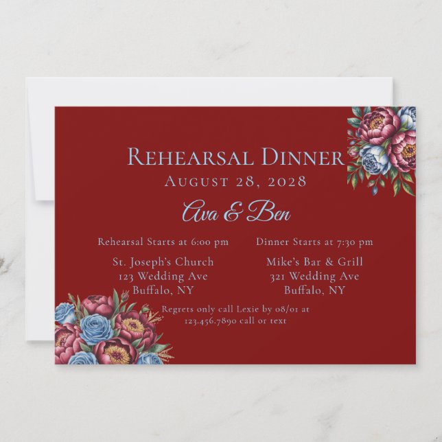 Invitación Cena de Rosa azul y peonía borgoña (Anverso)