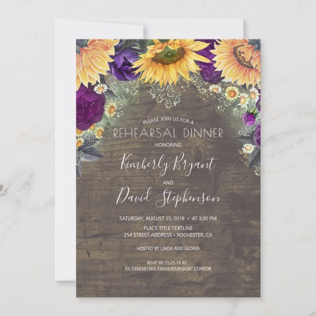 Invitación Cena de Rosa de girasol y morado (Anverso)