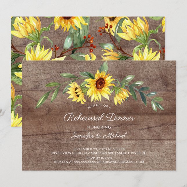 Invitación Cena de Rústico Amarillo con girasoles (Anverso / Reverso)