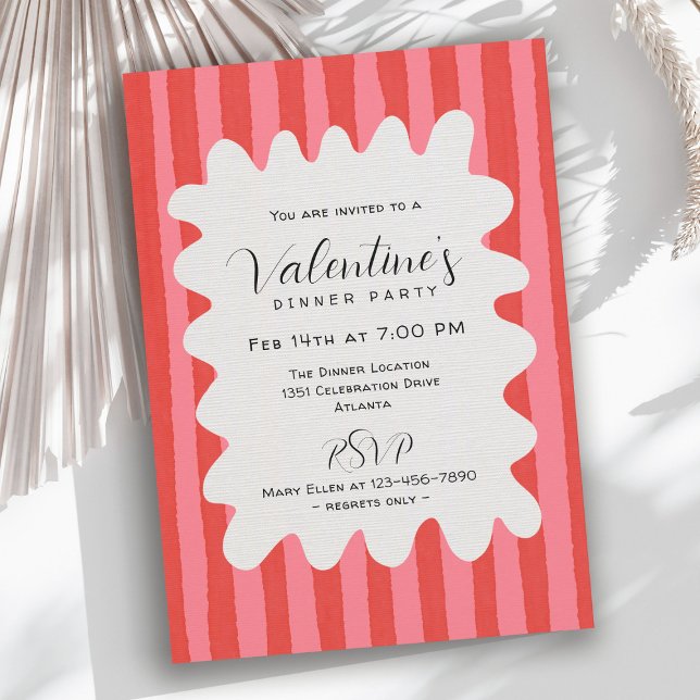 Invitación Cena de San Valentín con Marco Ondulado Rosa Rojo  (Available in both printed and instant download digital formats.)