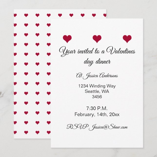 Invitación Cena de San Valentín de corazones rojos (Anverso / Reverso)