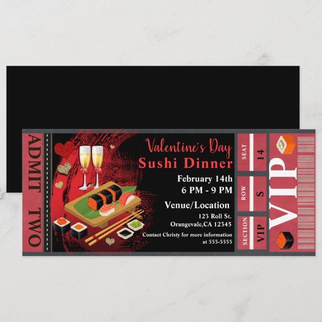 Invitación Cena de San Valentín Fiesta de Sushi Rojo Negro Ti (Anverso / Reverso)