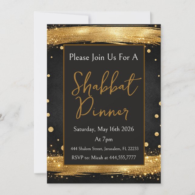Invitación Cena de Shabat Gold Black Luxury Moderna (Anverso)