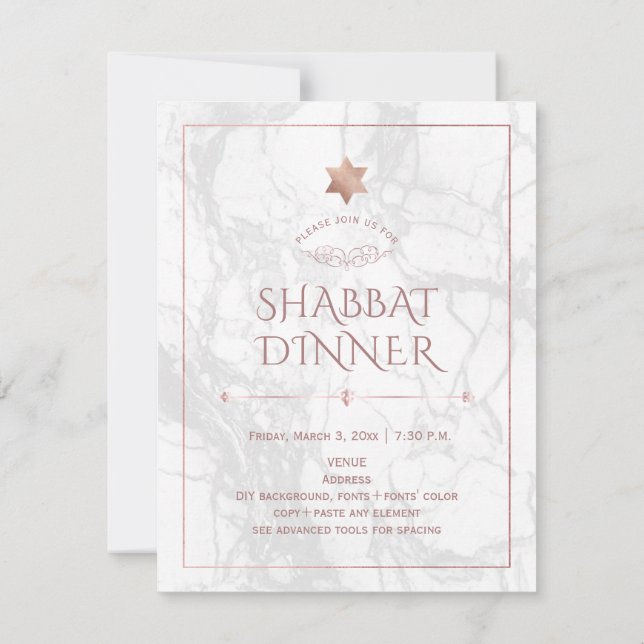 Invitación Cena de Shabbat PixDezines Mármol + Oro Rosa (Reverso)