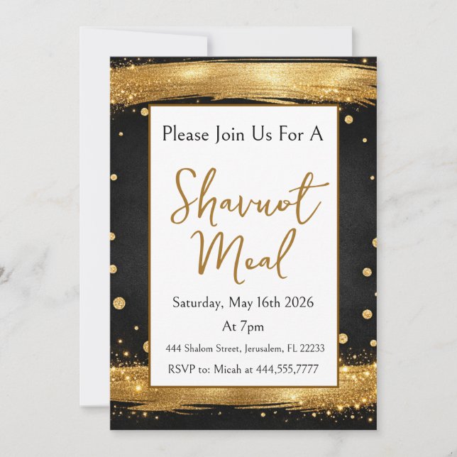 Invitación Cena de Shavuot Lujo Negro Oro Blanco (Anverso)