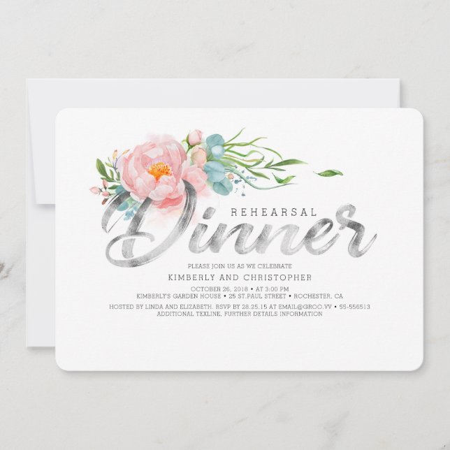 Invitación Cena de Silver y Rubor Pink Florals (Anverso)