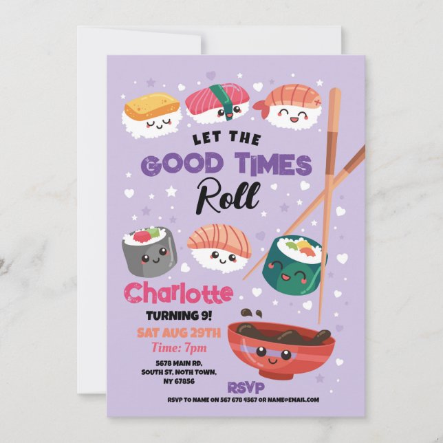 Invitación Cena de sushi Chicas fiesta de cumpleaños japonesa (Anverso)