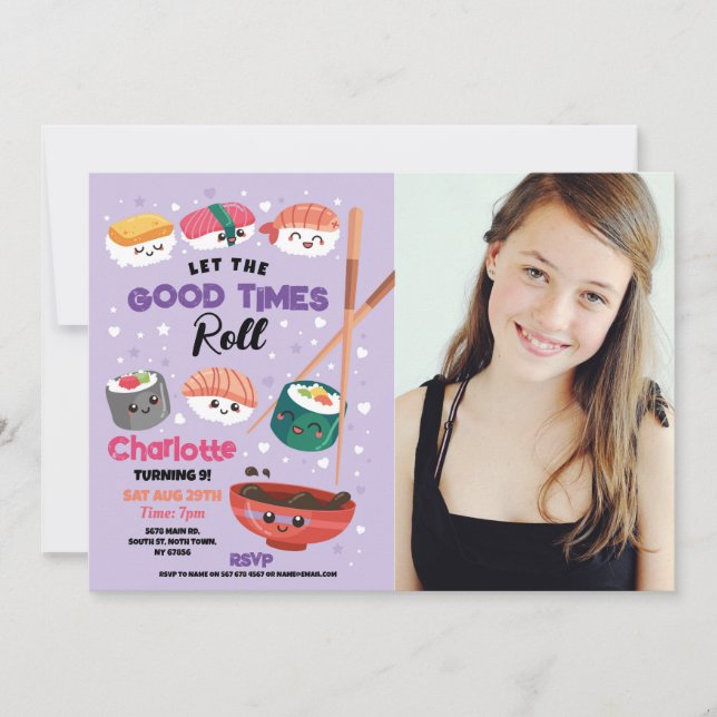 Invitación Cena de sushi Chicas fiesta de cumpleaños japonesa (Anverso)