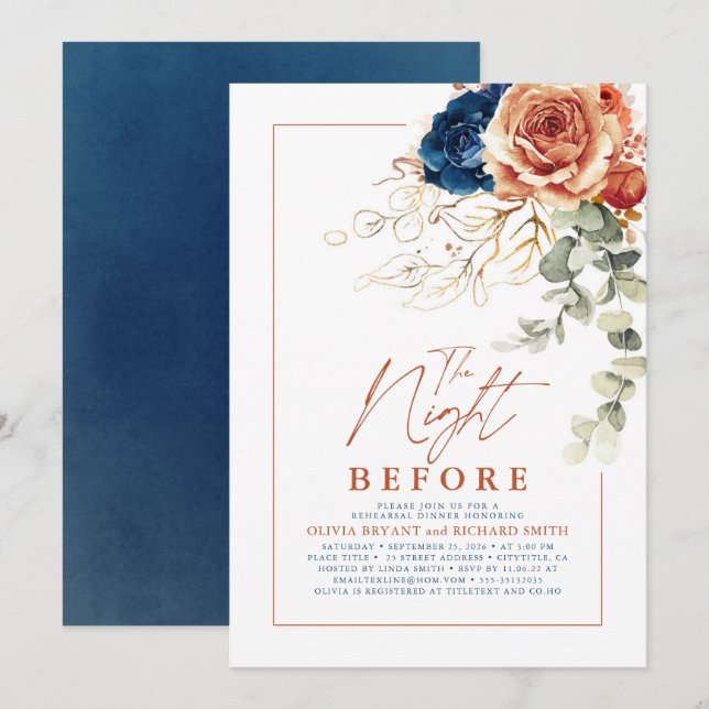 Invitación Cena de Terracota y prueba Floral Azul de la Marin (Anverso / Reverso)
