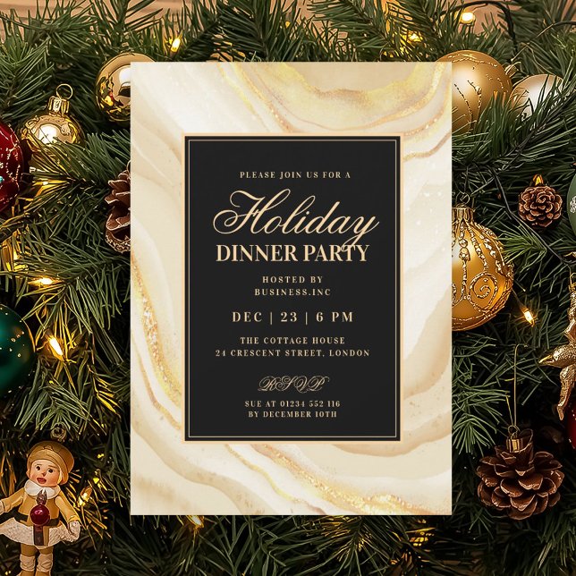 Invitación Cena de vacaciones de mármol FALSO Glam dorado for (Formal Gold Glam FAUX Marble Holiday Dinner Invitation)
