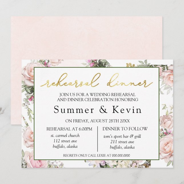 Invitación Cena de verano con rosa rosado (Anverso / Reverso)