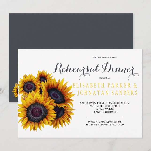 Invitación Cena de verano elegante de girasoles amarillos (Anverso / Reverso)