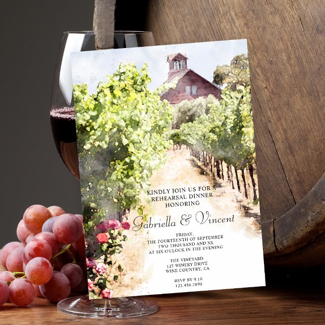 Invitación Cena de viñas y acuarela de barn rojo (Perfect inspo for a wine tasting party or vineyard wedding rehearsal dinner theme.)