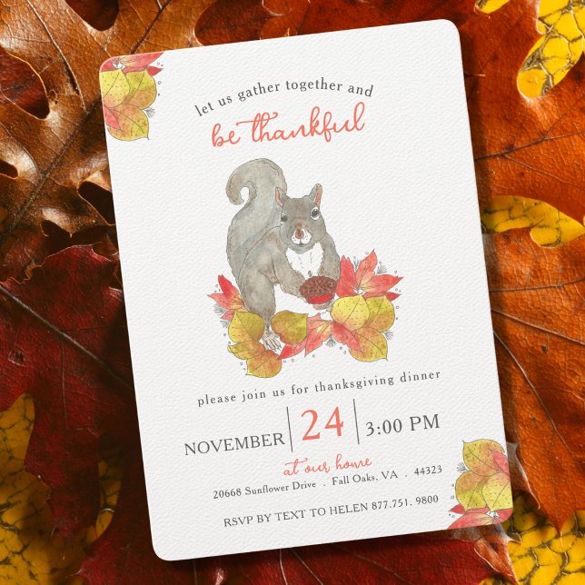Invitación Cena del Día de Acción de Gracias de la ardilla de (Squirrel Watercolor Thanksgiving Dinner Party Invitation)