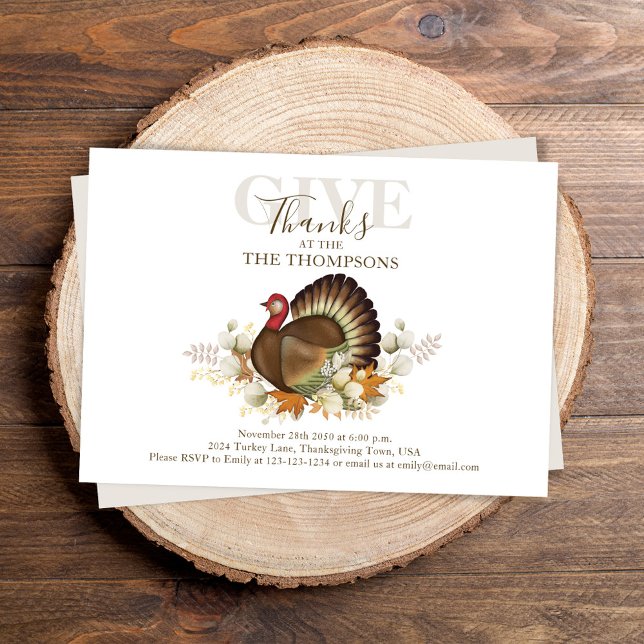 Invitación Cena del Día de Acción de Gracias de Turquía en ot (Thanksgiving dinner invitation with watercolor turkey and fall foliage. )