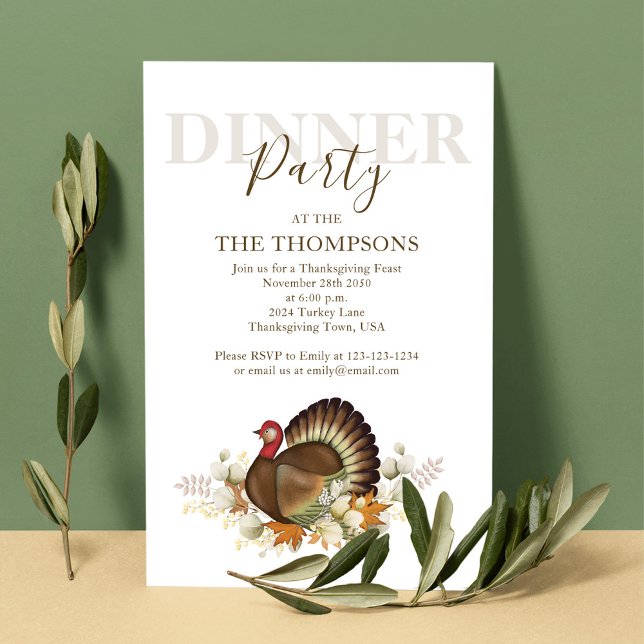 Invitación Cena del Día de Acción de Gracias de Turquía en ot (Thanksgiving dinner invitation with watercolor turkey and fall foliage. )