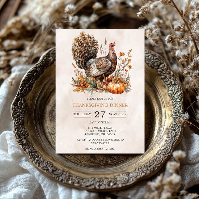 Invitación Cena del Día de Acción de Gracias en Turquía (Watercolor Turkey Thanksgiving Dinner Invitation)