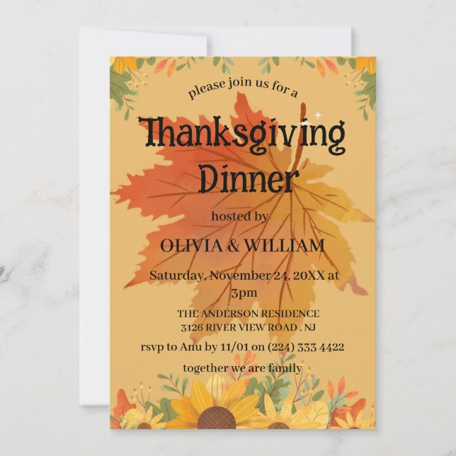Invitación Cena del Día de Acción de Gracias Floral de otoño (Anverso)