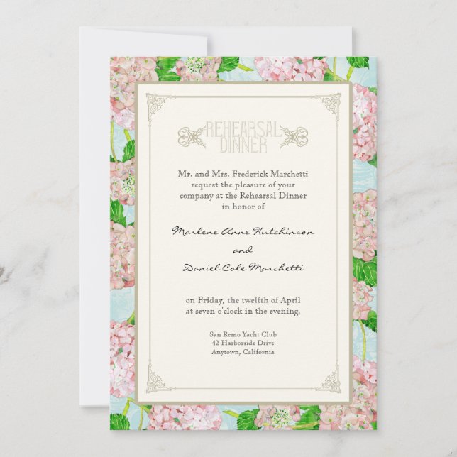 Invitación Cena del ensayo - cordón rosado del Hydrangea (Anverso)