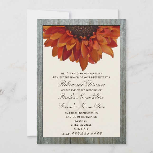 Invitación Cena del ensayo de boda otoño - girasol y madera (Anverso)