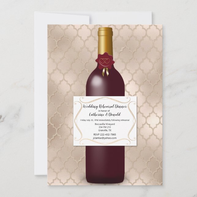 Invitación Cena del ensayo de la boda de la botella de vino (Anverso)