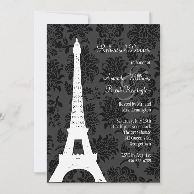 Invitación Cena del ensayo de París Damask (negro) (Anverso)