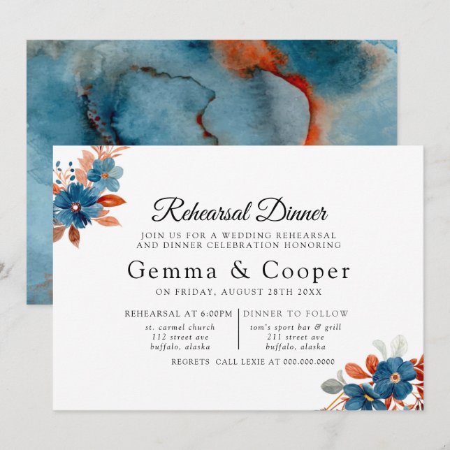 Invitación Cena del ensayo de Terracotta Navy Blue Florals (Anverso / Reverso)