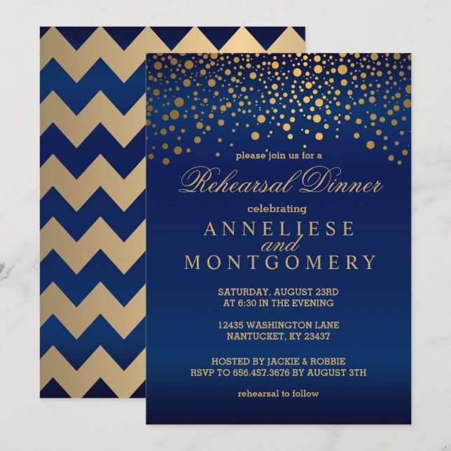 Invitación Cena del ensayo del confeti de los azules marinos (Anverso / Reverso)