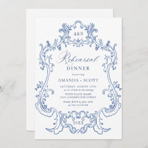 Invitación Cena elegante barroca con marco azul turbio