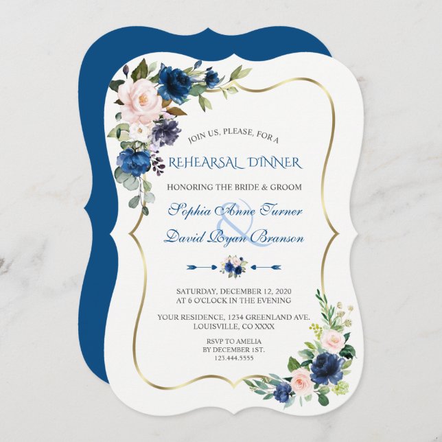 Invitación Cena elegante clásica de flores rosas azules (Anverso / Reverso)