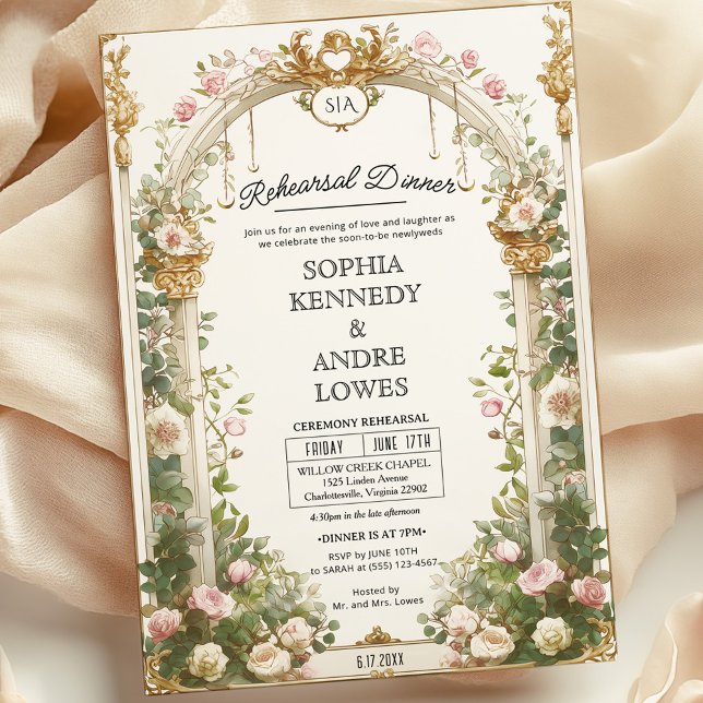 Invitación Cena elegante con arcos florales y dorados (Subido por el creador)