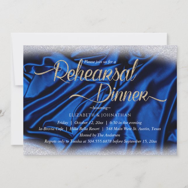 Invitación Cena elegante con caligrafía azul brillante (Anverso)