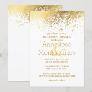 Invitación Cena elegante con copos de nieve blancos y dorados