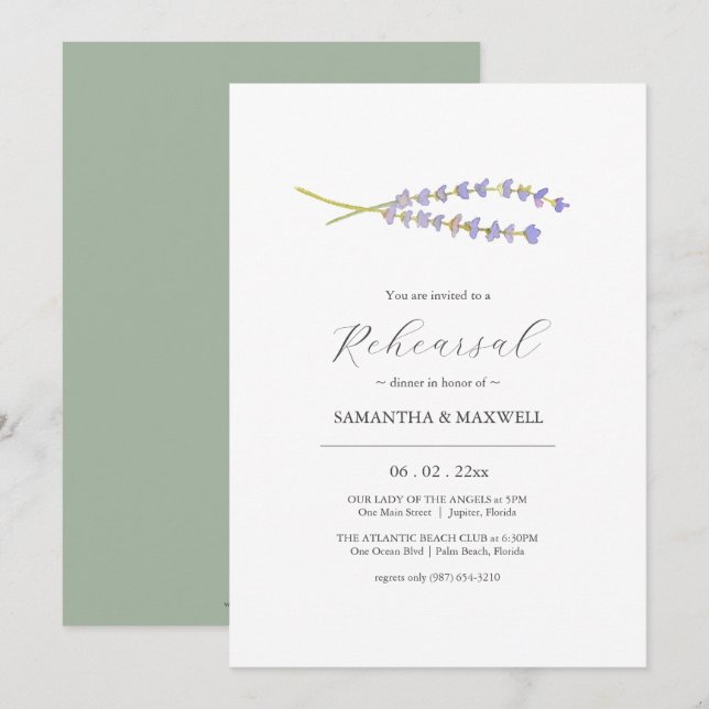 Invitación Cena elegante con flores de lavanda (Anverso / Reverso)