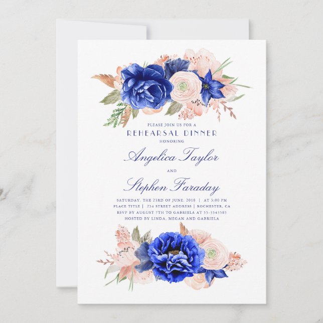 Invitación Cena elegante con flores rosadas y marina (Anverso)