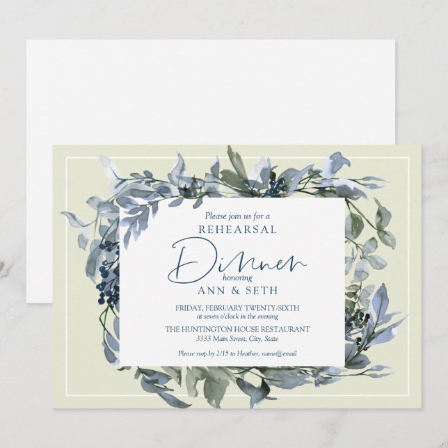 Invitación Cena elegante con vegetación floral azul (Anverso / Reverso)