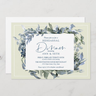 Invitación Cena elegante con vegetación floral azul