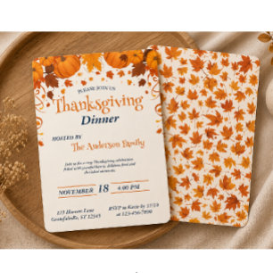 Invitación Cena elegante de Acción de Gracias Calabaza Hojas 