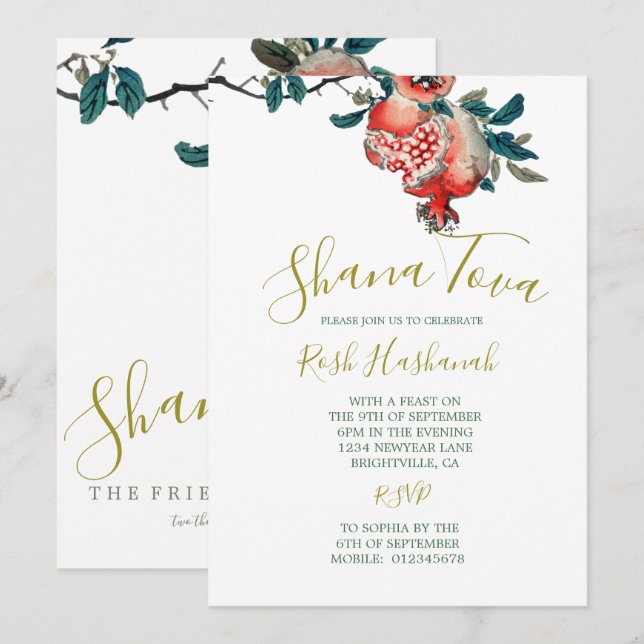 Invitación Cena elegante de Año Nuevo Rosh Hashanah Granada (Anverso / Reverso)