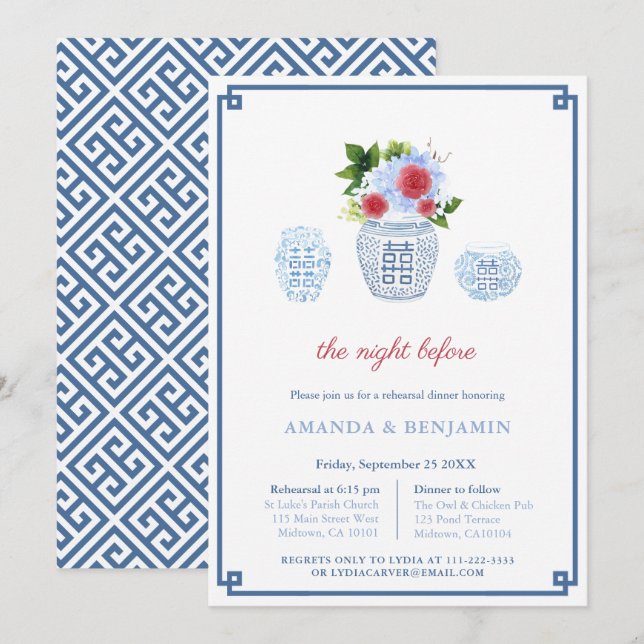 Invitación Cena elegante de Boda azul rojo (Anverso / Reverso)