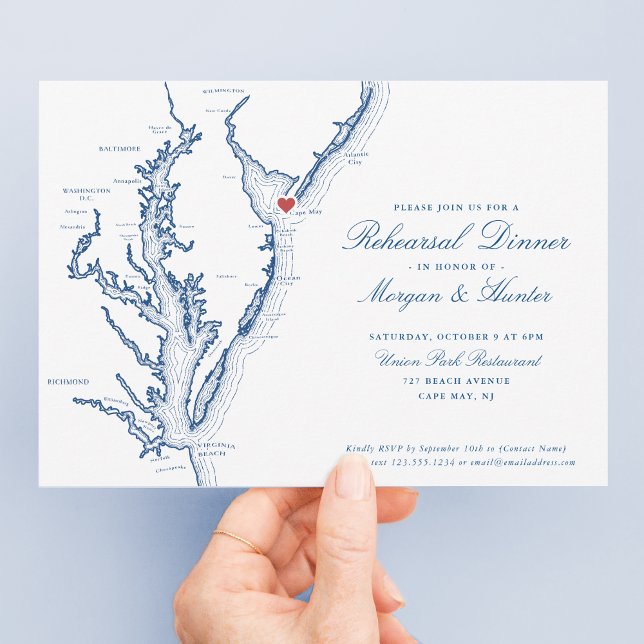 Invitación Cena elegante de Boda de Cape May NJ (Elegant Cape May New Jersey Wedding Rehearsal Dinner Invitations with navy blue Jersey Shore map)