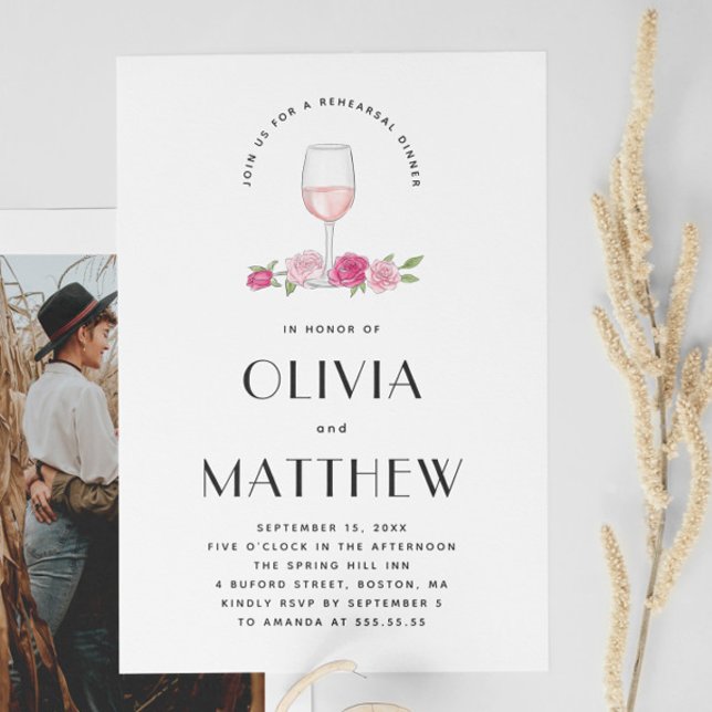 Invitación Cena elegante de boda de vino rosa floral (Subido por el creador)