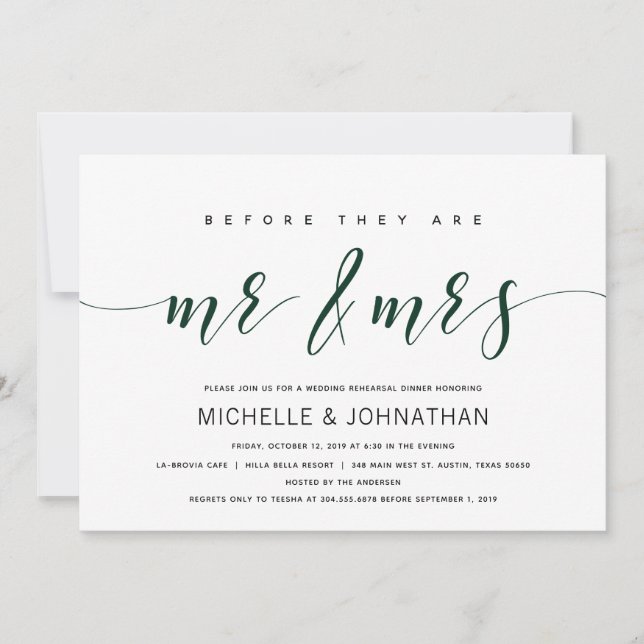 Invitación Cena elegante de bodas verde oscuro (Anverso)