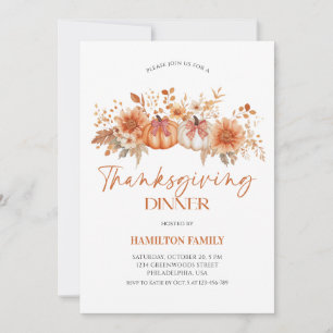 Invitación Cena elegante de calabaza floral de Acción de Grac