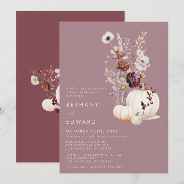 Invitación Cena elegante de calabaza floral de otoño (Anverso / Reverso)