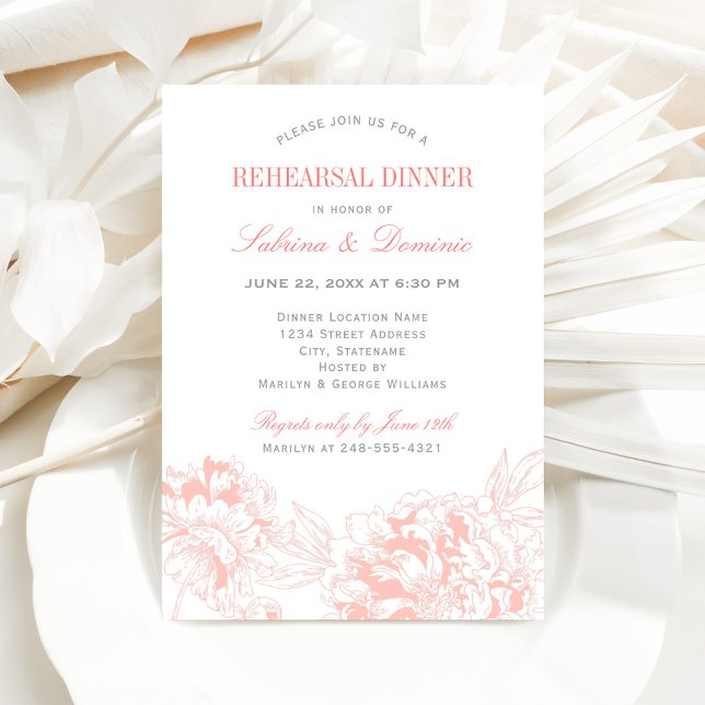 Invitación Cena elegante de Coral Gray Floral Peony Ensayado (Subido por el creador)