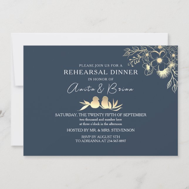 Invitación Cena elegante de ensayo azul de la Marina (Anverso)