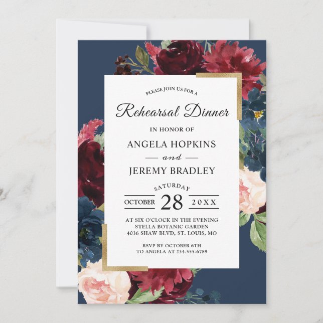 Invitación Cena elegante de ensayo azul de la Marina Roja de  (Anverso)