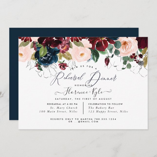 Invitación Cena elegante de ensayo Borgoña+Marina (Anverso / Reverso)